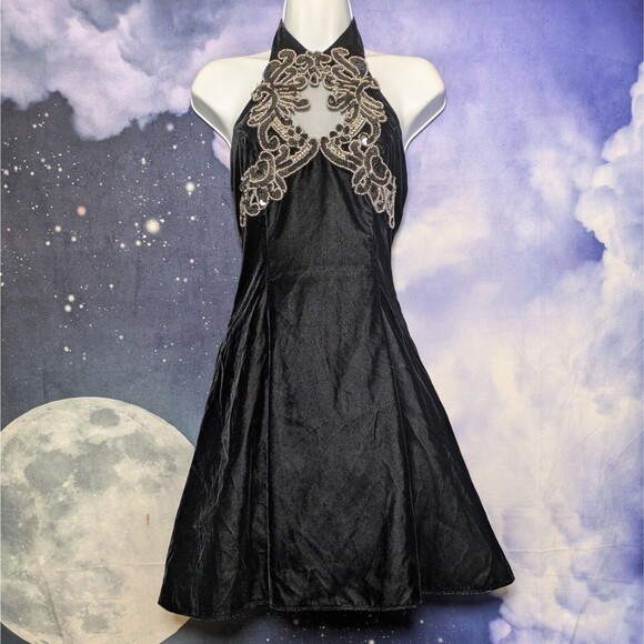 Zum Zum by Niki Livas Dresses & Skirts - Vintage Black Velvet Beaded Halter Dress Goth Glam Party Cocktail XS Zum Zum 90s